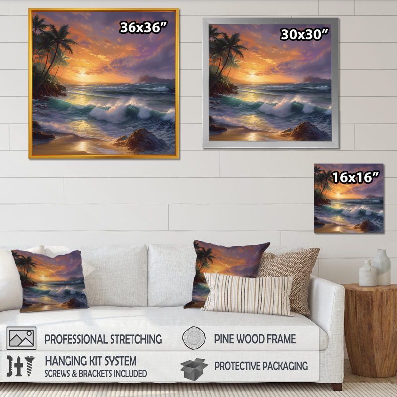 Coucher de soleil mauve et orange à la plage II - impression, H 16 po x l 16 po x P 1 po, Cadre photo noir