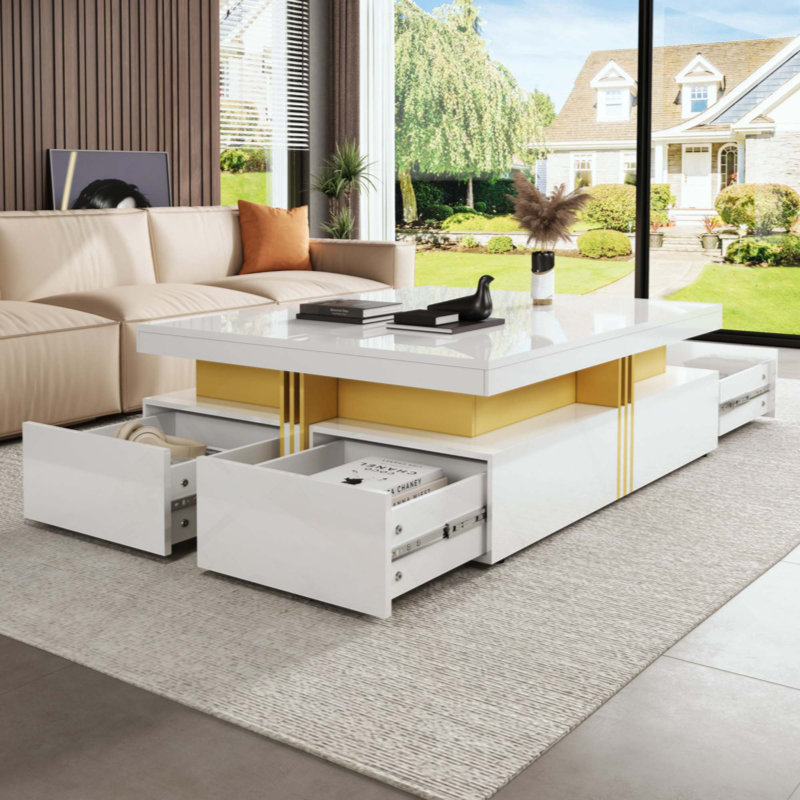 Table basse moderne carrée avec rangement à 4 tiroirs, parfaite pour les espaces de vie élégants et fonctionnels