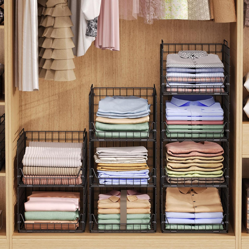 Étagère de rangement à 5 niveaux pour rangement de placard - Bacs de rangement pliables en métal pour vêtements, chandails et serviettes | Élégants paniers en fil de fer noir pour la chambre à coucher, la garde-robe, le dortoir ou le vestibule