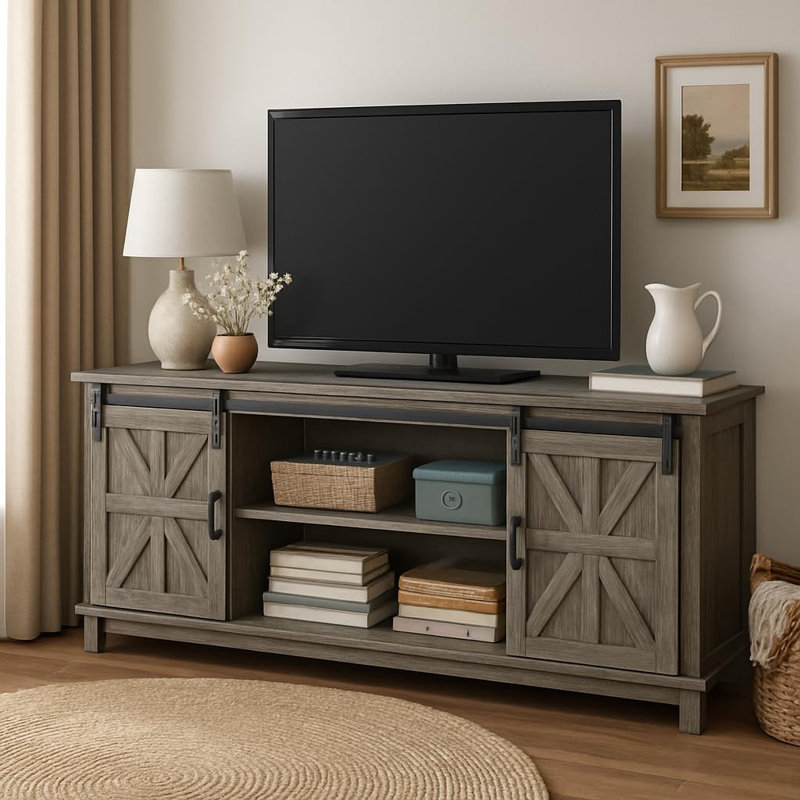  66" Farmhouse TV Stand for 75" Television, Rustic Wood Entertainment Center with Storage and Sliding Barn Doors, Adjustable Shelf Media TV Console Table for Living Room, Oak