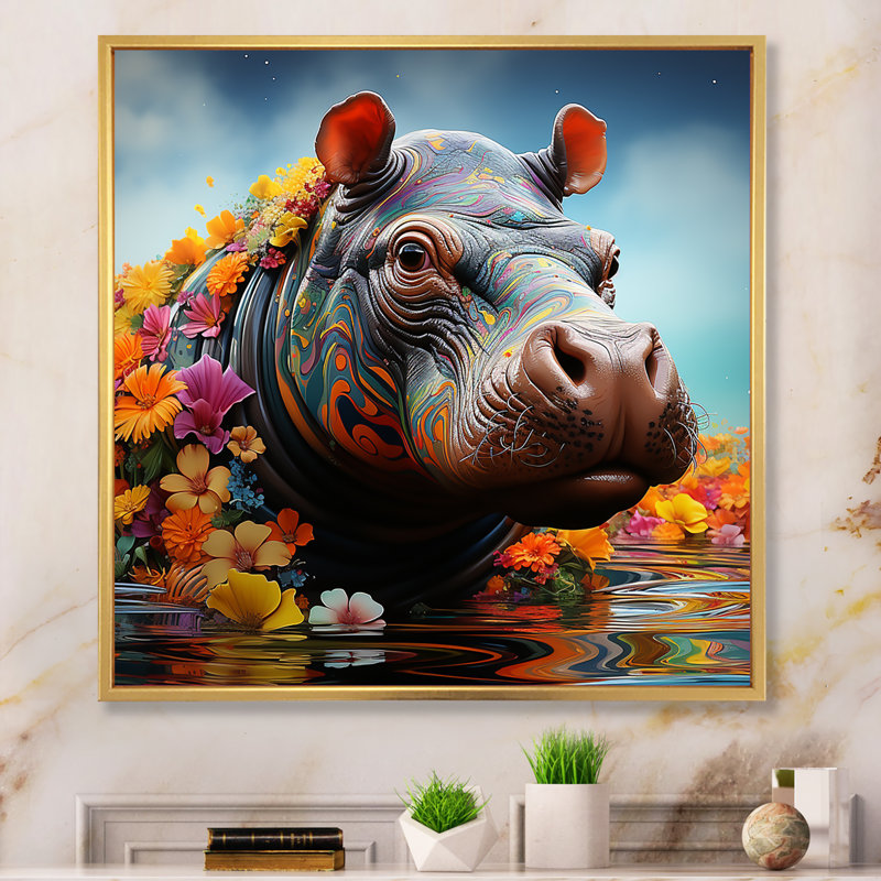 Art floral hippopotame mystique 1 - Hippopotame, Cadre flottant doré, H 36 po x l 36 po x P 1,5 po