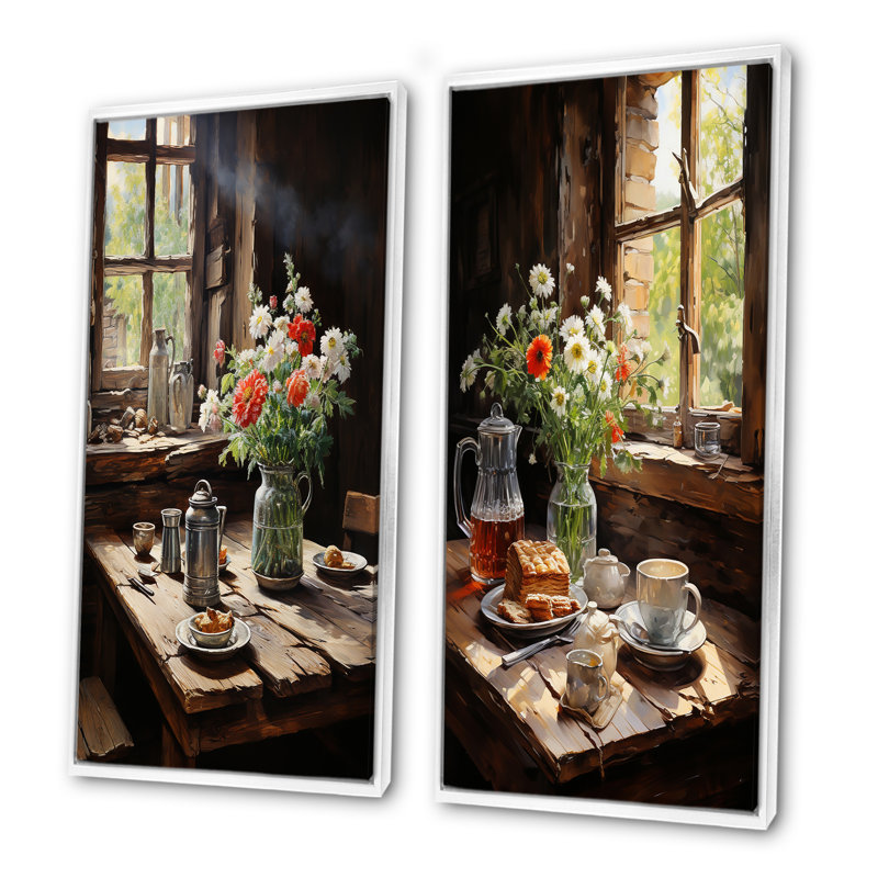 «Rustic Morning» - ensemble de 2 impressions sur toile déjeuner, H 32 po x l 33 po, Cadre flottant blanc