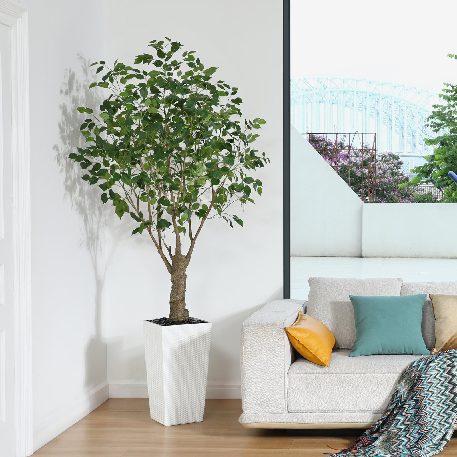 Adcock Ficus Tree in Decorative Vase, 84" H x 28" W x 28" D, White