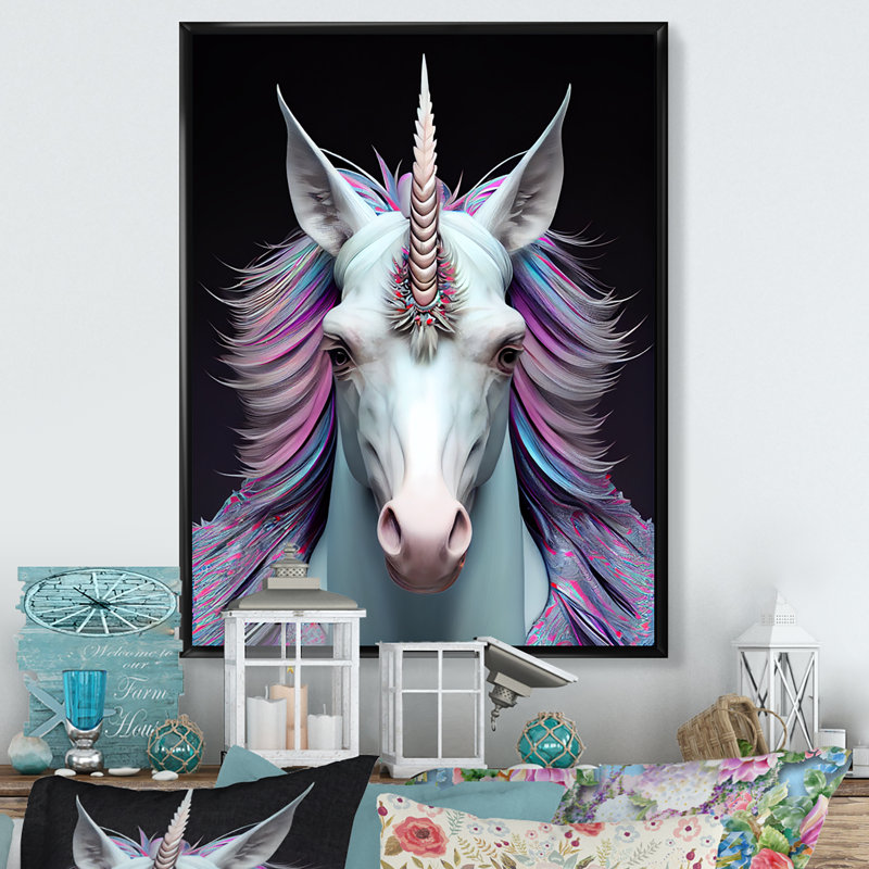 «Beautiful Portrait Of A Unicorn II», reproduction sur toile, H 40 po x l 30 po x P 1,5 po, Toile avec cadre flottant noir