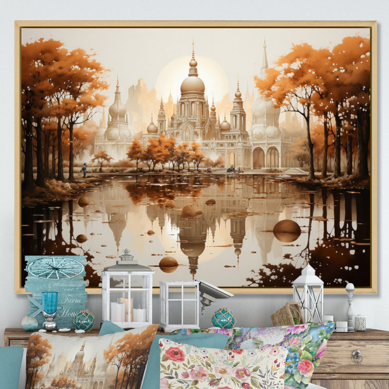 Hinduisim Art Temple Reflections III - Spiritual Wall Decor, H 16 po x l 32 po x P 1 po, Cadre naturel flottant