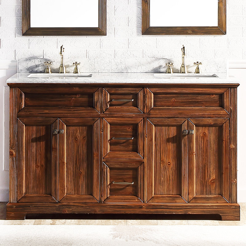 Hardiene 60'' Farmhouse Style Bathroom Double Sink Vanity Set With White White Italian Carrara Marble Countertop & Backsplash, Fully Assembled
