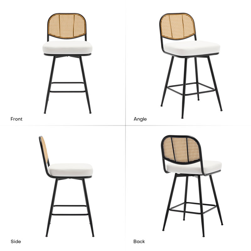 Upholstered Swivel Counter Stool With Rattan Backrest, Counter Stool (26” Seat Height), White