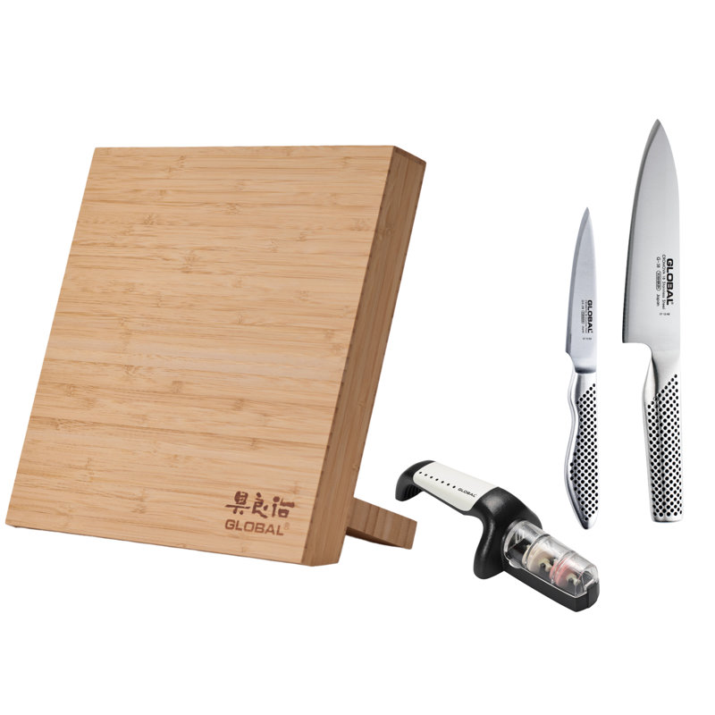 Global Classic Magnetic Easel 3 Piece Knife Set With Sharpener - Acacia