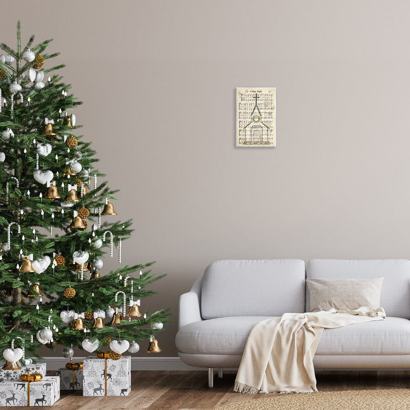 Festive Winter Church Holy Night Musical Script Grey Farmhouse Rustic Oversized Framed Giclee Texturized Art By Andi Metz