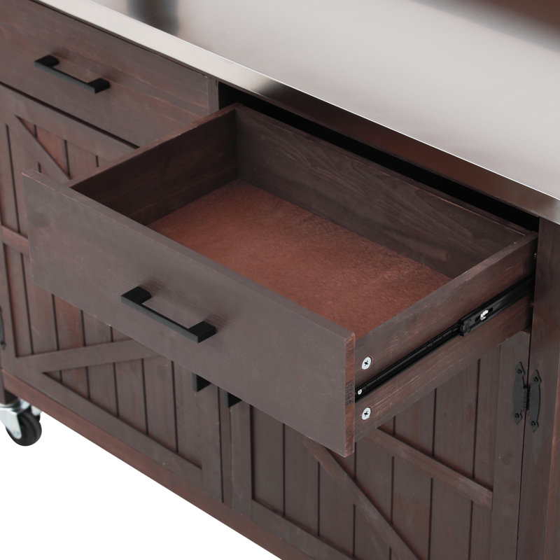 54.1" Outdoor Kitchen Island With High Shelf, Large Outdoor Potting Bench Table With Stainless Steel Top And Storage Cabinet, Solid Wood Grill Cart With Lockable Wheels For BBQ, Garden