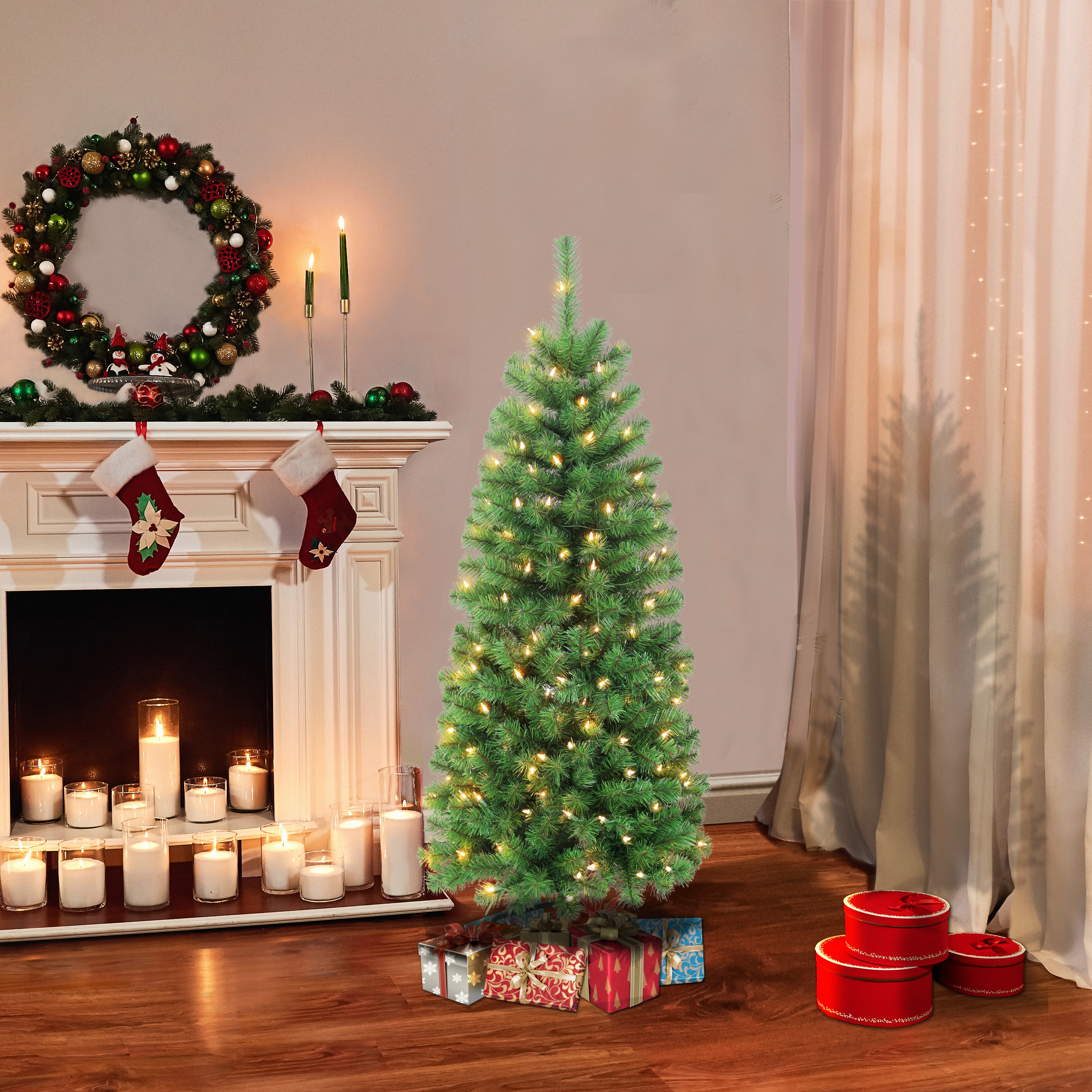 The Holiday Aisle® 4'6" H Slender Green Pine Christmas Tree with 150 ...