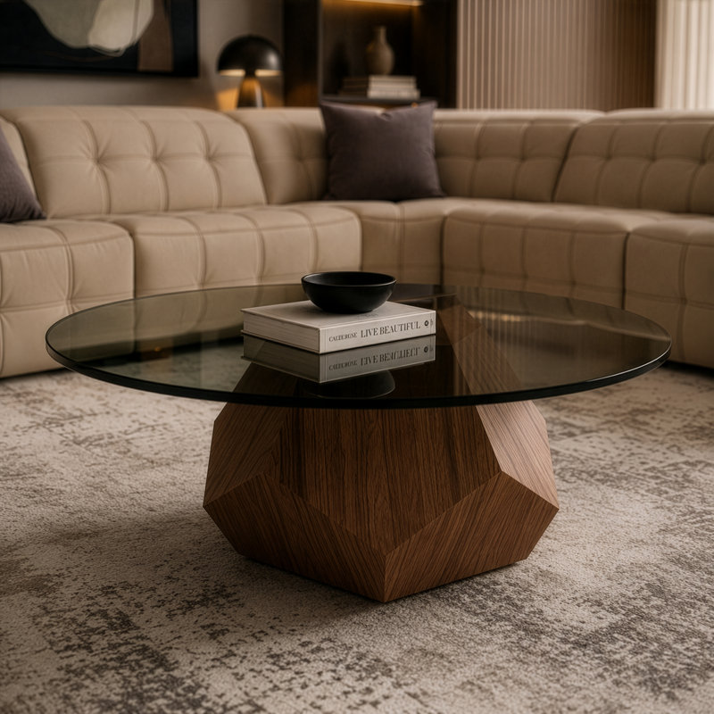 Table basse moderne en noyer et verre fumé Doheny