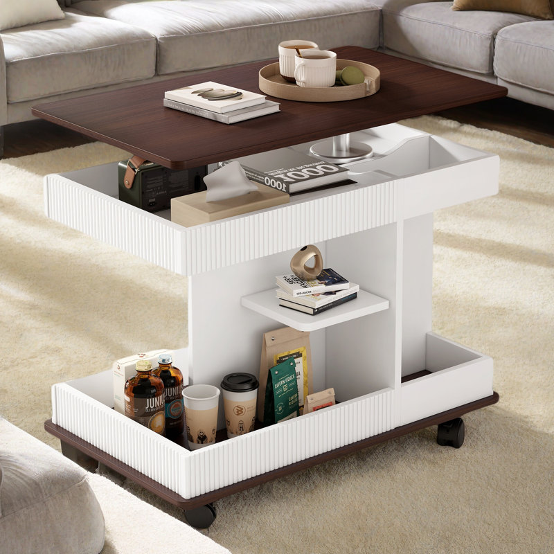 Adjustable End Table With Wheels, 360°rotating Top, Storage Space, Wood Grain Texture And Vertical Striped Design, White