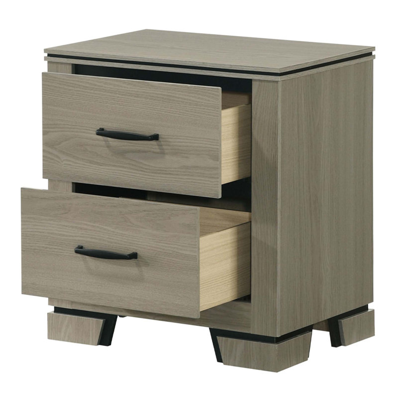 Table de chevet à deux tiroirs au design moderne et épuré, finition gris patiné, mobilier de chambre durable et élégant