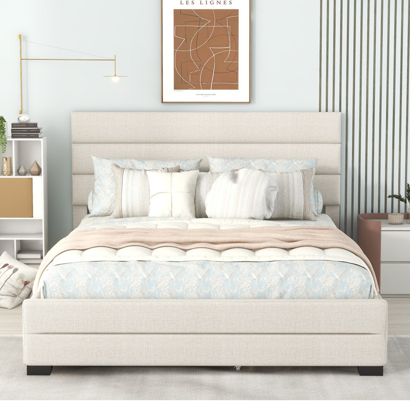 Lit plateforme tapissier avec lit gigogne et deux tiroirs Queena, Beige