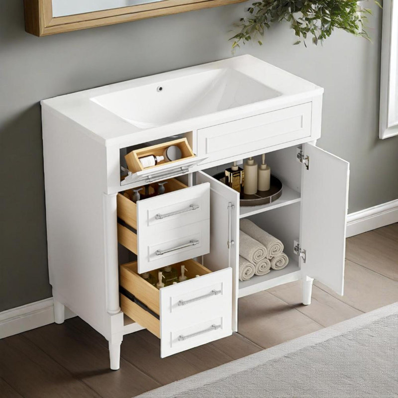 Meuble-lavabo de 36 po avec lavabo en résine supérieur, armoire de rangement autoportante avec 2 tiroirs et un tiroir basculant