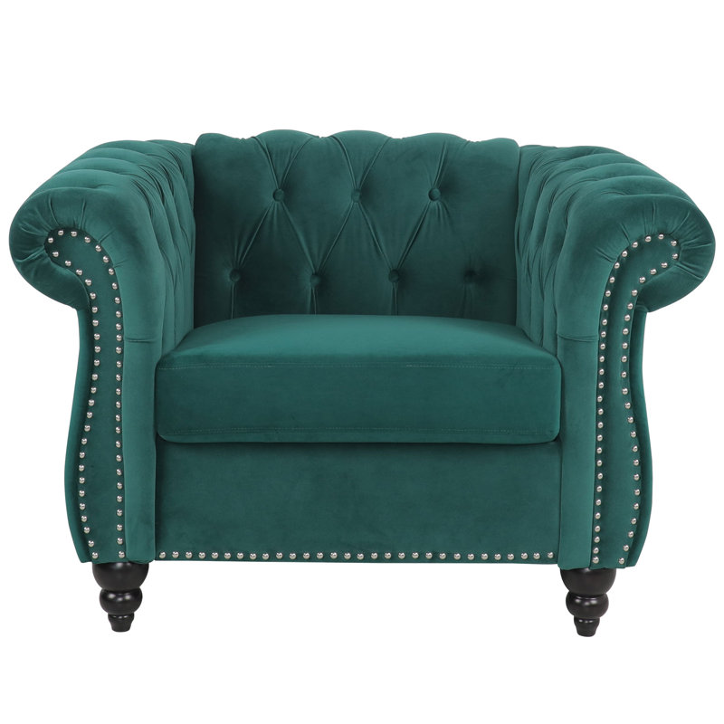 Green Velvet Chesterfield Accent Chair with Nailhead Trim