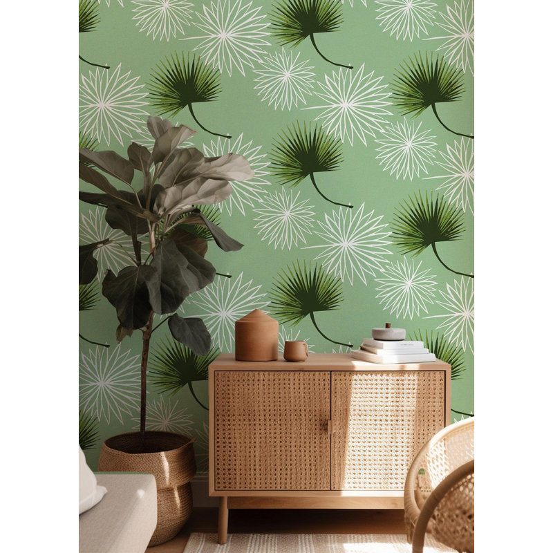 Cabbage Palm 10' L x 24" W Peel and Stick Wallpaper Roll, White, Premium Paper