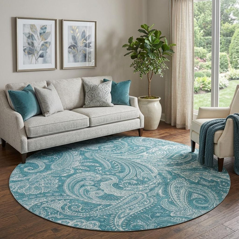 Tapis rond lavable en cachemire turquoise et ivoire 8 pi avec protection UV