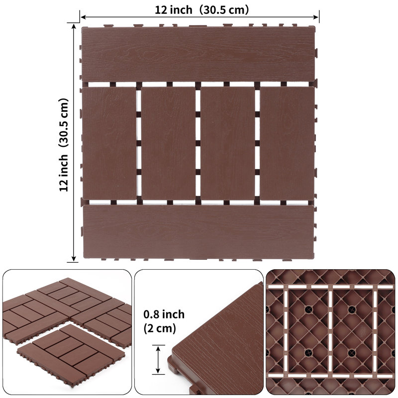 H Style 12 Inch Balcony Deck Tiles, Red/Brown