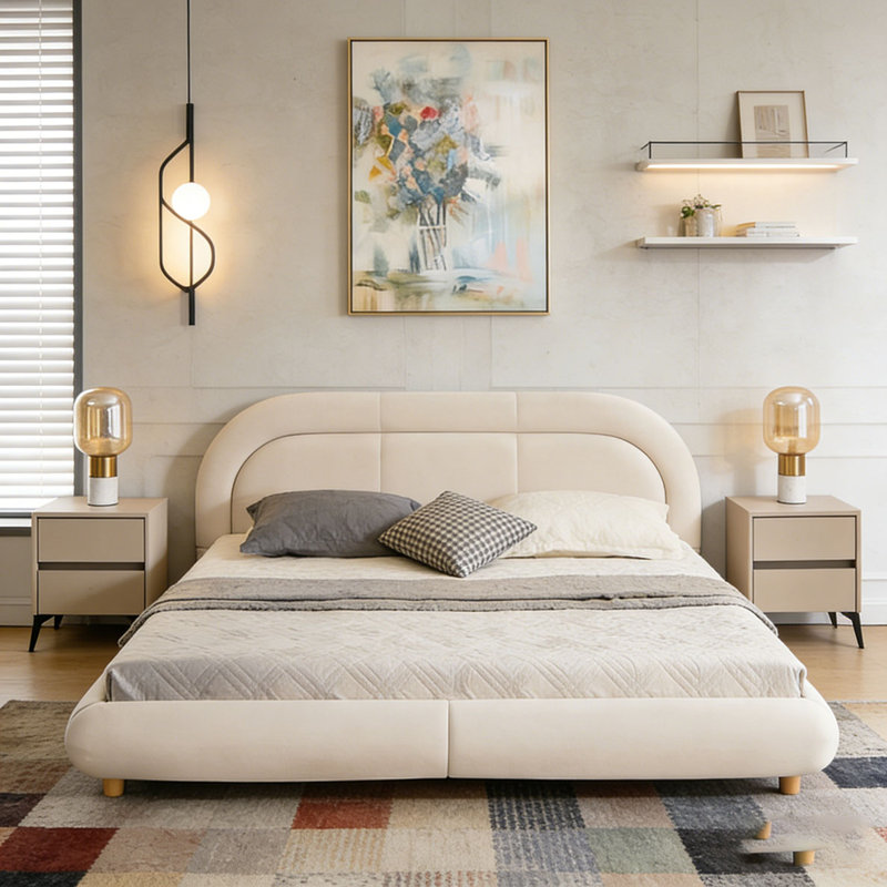Modern Curved Upholstered Low Profile Platform Bed, Beige