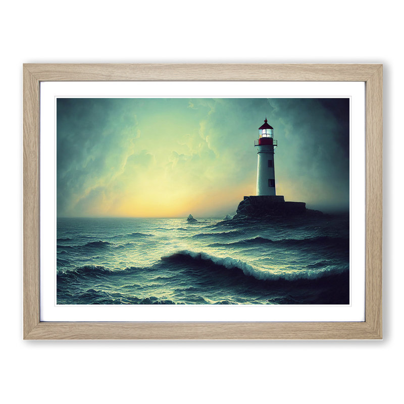 Dreamlike Lighthouse Sunrise 1 Piece Single Picture Frame Wall Art, 34cm H x 46cm W, Oak