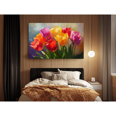 Colorful Tulips Canvas Print in Vibrant Pink Yellow Orange Red  Purple Shades on Soft Background - Perfect Floral Artwork for Home Decor