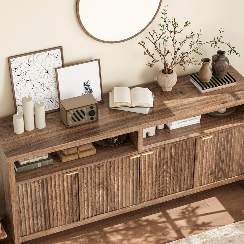 65.8" Fluted sideboard Adjustable 3-Tier with Fluted Doors and Gold Handle for Kitchen, Entryway, Dining Room, Brown