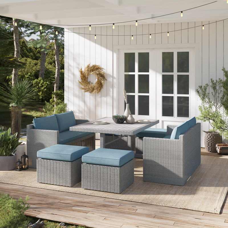 Grose 8 - Person Aluminum & Wicker Outdoor Dining Set (Fully Assembled), Light Gray Frame/Light Blue Cushion