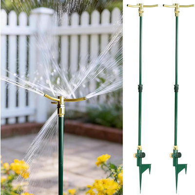 Ensemble de 2 arroseurs de jardin à 3 bras, arroseur d'eau pour pelouse surélevé avec poteau télescopique réglable et base à pointes, outil d'irrigation rotatif automatique à 360 ° pour grande cour et jardin