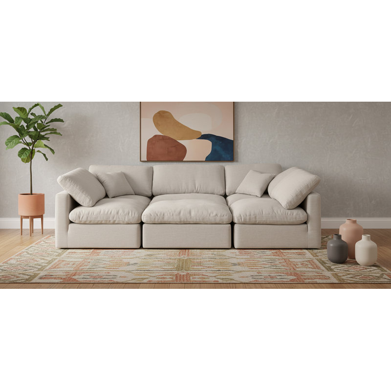 Canapé et méridienne rembourrés 6 pièces Itala, Tissu beige texturé en lin