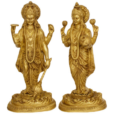 Sculpture en laiton à la main de 16 po Vishnu et déesse Lakshmi fabriquée à la main - couple divin indou, décor d'art indien pour autel, vestibule et salon