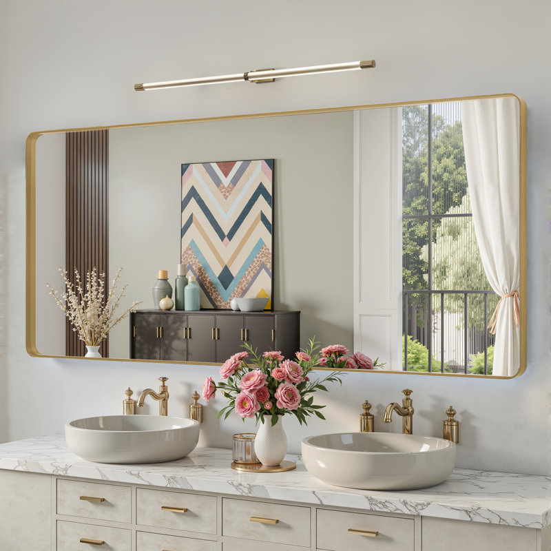Miroir de salle de bain rectangulaire arrondi de 1,18 po avec cadre en alliage d'aluminium et verre trempé de qualité supérieure Lunara