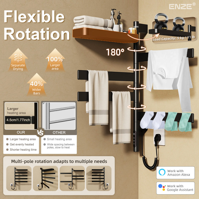 Porte-serviettes chauffant rotatif ENZE pour salle de bain, chauffe-serviettes électrique mural 4 barres 100W avec tablette pivotante, contrôle d'application Wi-Fi, minuterie 24H, acier inoxydable, IPX5, câblé / à brancher, noir mat