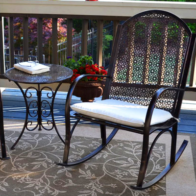 Two Piece Metal Garden Rocker and Side Table Set with Cushion