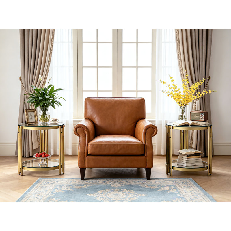 2-Tier Round Side Table, Glass End Table for Small Space in Living Room, Bedroom, Gold