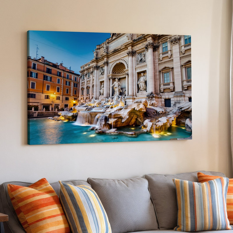 Toile, vue majestueuse de la fontaine de Trevi à Rome, art mural Twilight avec des sculptures baroques complexes et de l'eau en cascade