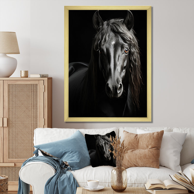 «Black White Horse Portrait Vibrant», reproductions d'art mural animaux, H 44 po x l 34 po x P 1,5 po, Encadrement doré