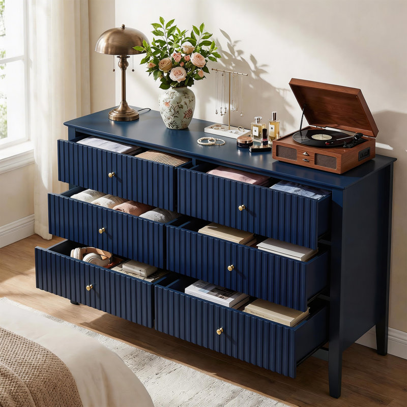 Commode 6 tiroirs avec miroir lumineux, Bleu