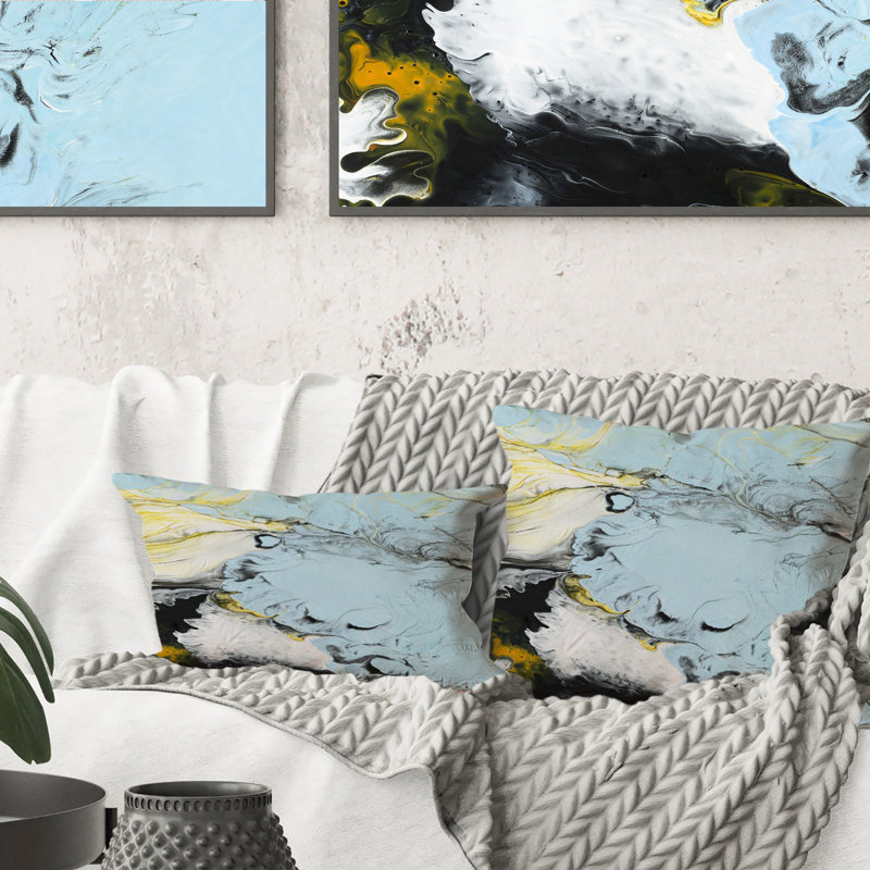 Coussin décoratif bleu clair, jaune et noir, 16 po x 16 po