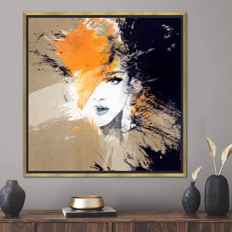 Modern Abstract Woman Portrait Canvas Art - Luxury Face Printed Wall Decor for Room, 40 cm H x 40 cm W, Gold Floater Framed