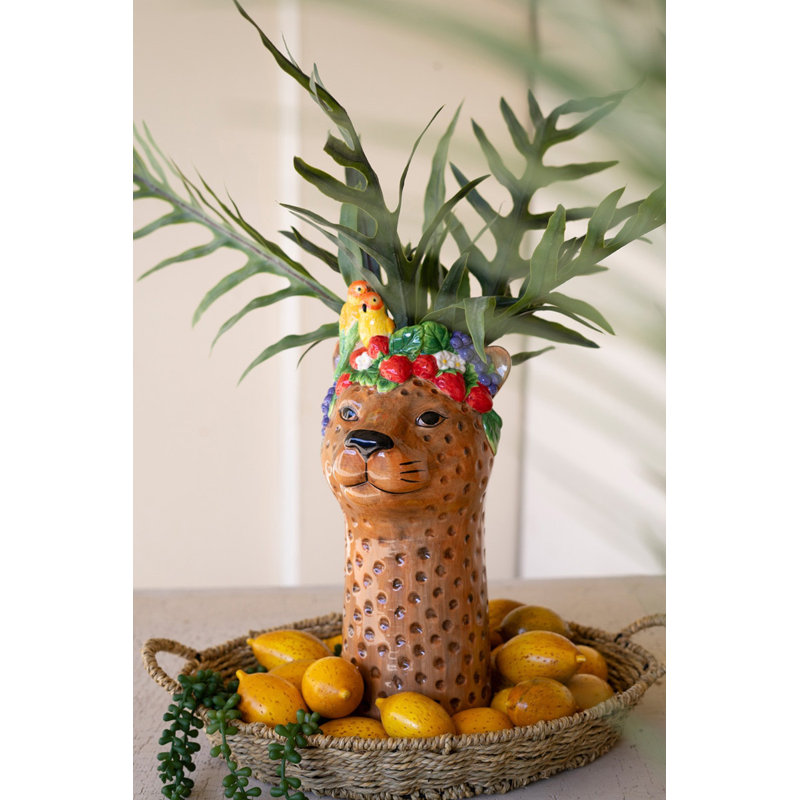  Ceramic Tropical Cheetah Vase 15"H – Multi Color Glazed Decorative Statement Piece