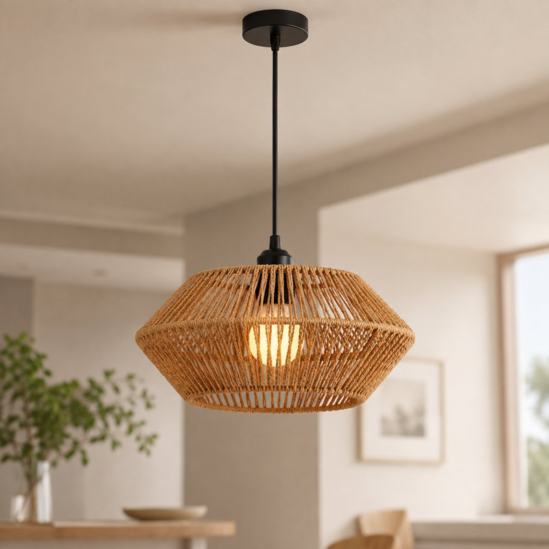 Lustre en corde tissée 1 lumière avec abat-jour en cage tissée (ampoule incluse)