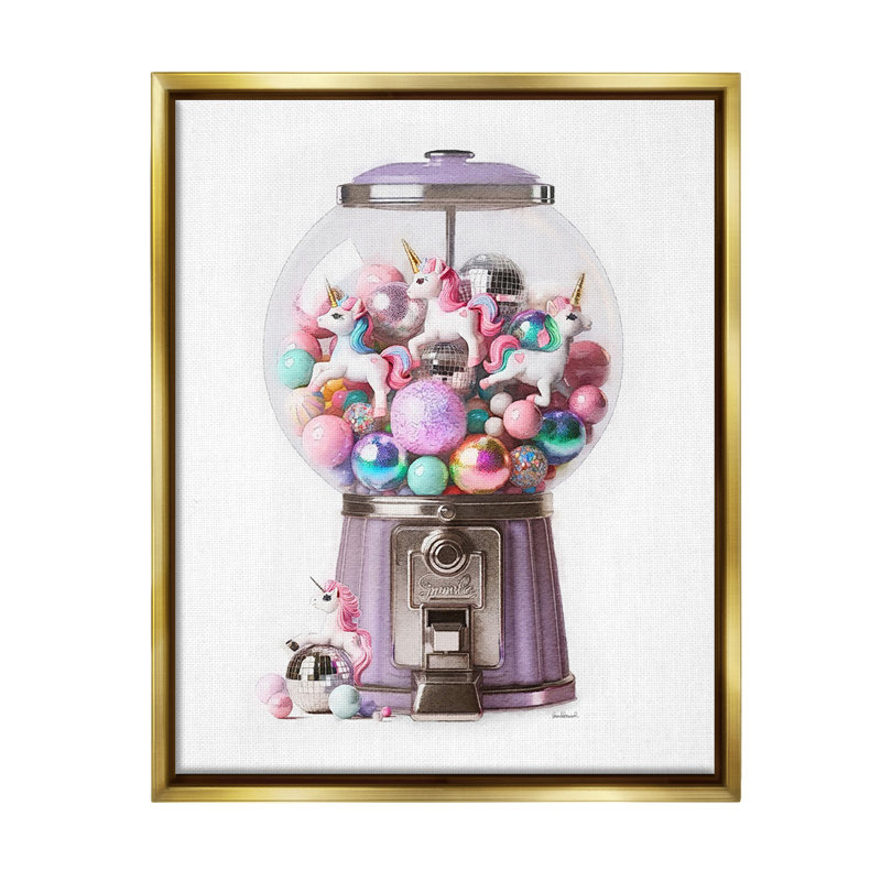 «Unicorn Gumball Machine» par Amanda Greenwood sur toile, H 21 po x l 17 po, Cadre flottant métallique doré