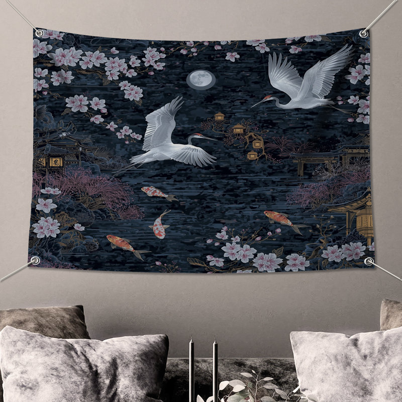 Tapisserie murale Cranes Cherry Blossoms Moon - Nature, H 50 po x l 60 po avec 4 œillets