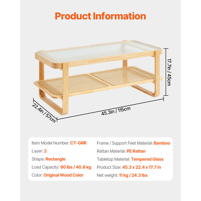 Table basse en rotin, table basse de rangement moderne bohème de 114 cm avec pieds en bois naturel, table basse rectangulaire en rotin tressé et bois avec plateau en verre trempé, idéale pour la chambre et les petits espaces, conçue pour le salon.