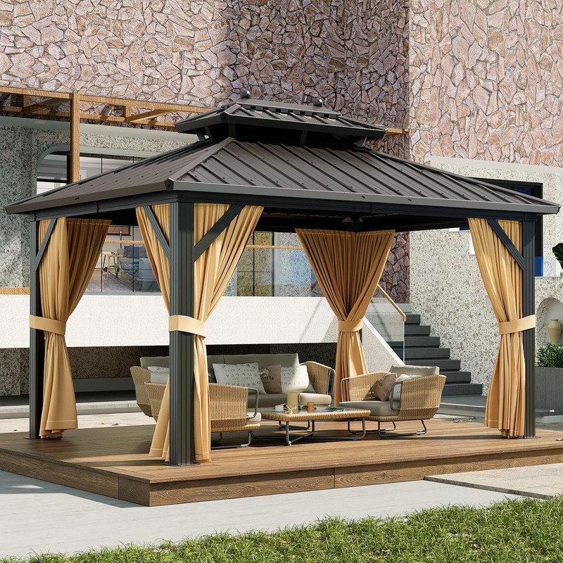 Hardtop Gazebo with Double Roof, Netting & Curtains, Aluminum Frame for Outdoor, 116.16" H x 120" W x 120" D, Matte Black