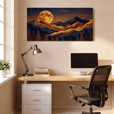 Ensemble de 1 tableau sur toile tendue représentant un paysage de montagne au clair de lune