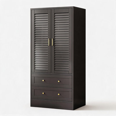 65" Spacious Wooden Wardrobe Closet - Louvered Doors 2 Drawers Hanging Rod for Bedroom Laundry Entryway