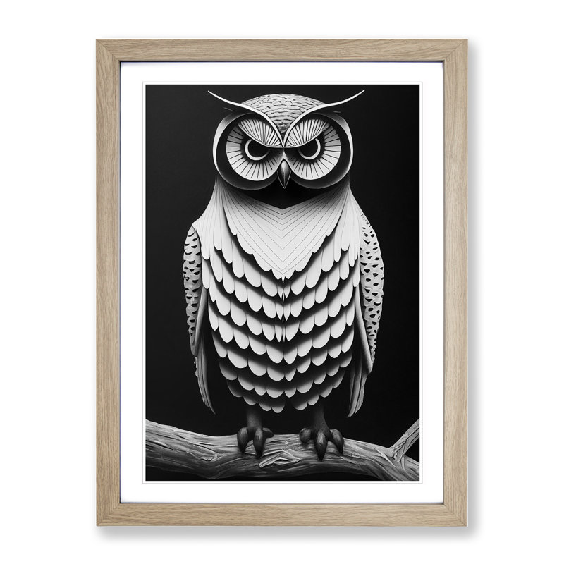 Owl Monochrome - Framed Print, 64cm H x 46cm W x 2cm D, Oak